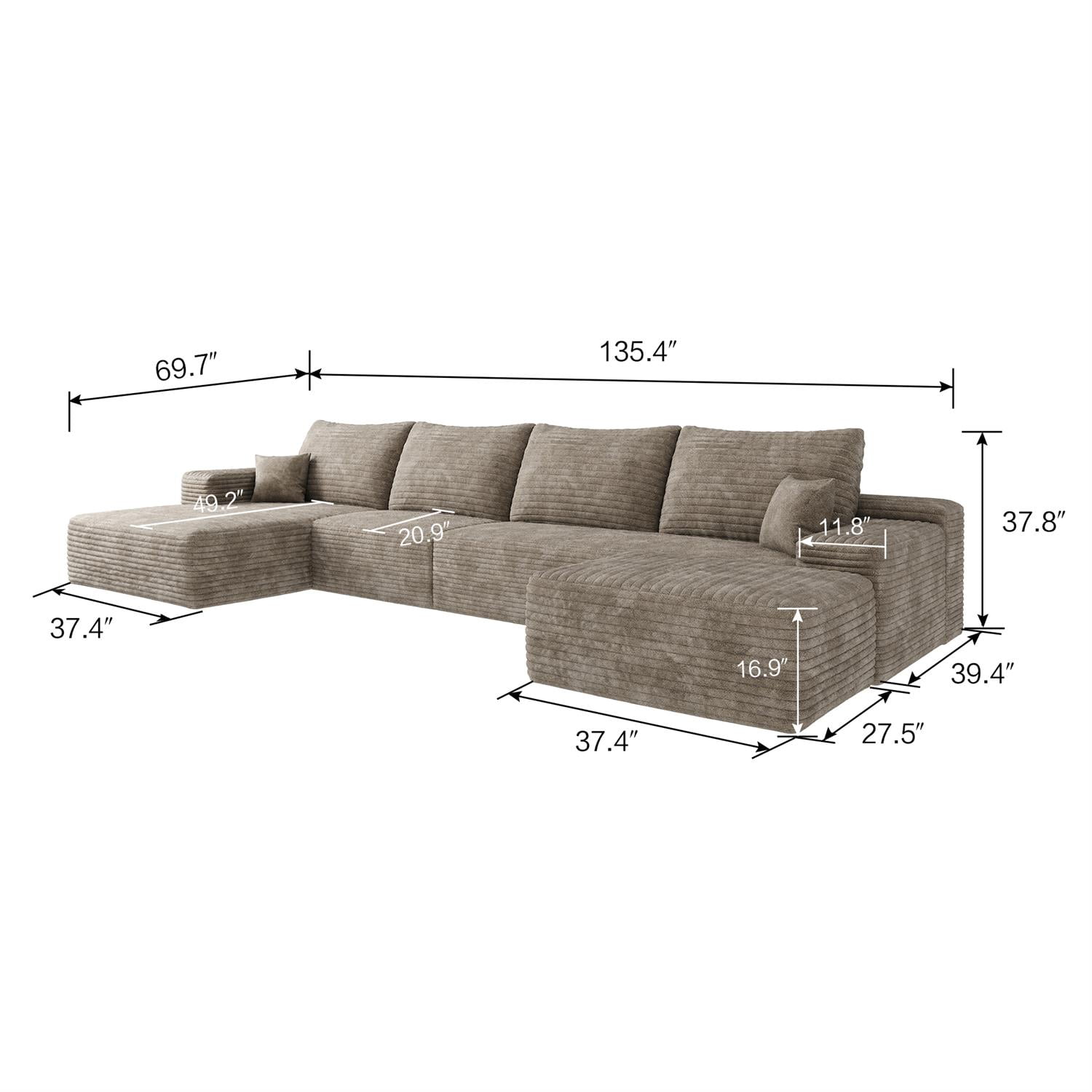 Demi Bonn 135" Cloud Sectional Sofa with Ottoman, Right Facing Chaise, Modern Minimalist U-Shaped Deep Seat Corner Couch, No Assembly Required, Beige