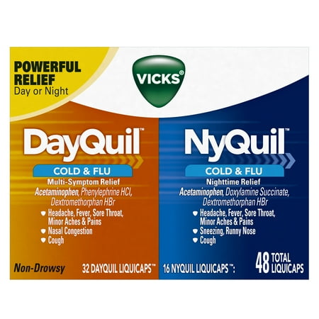 Vicks DayQuil & NyQuil Cough, Cold & Flu Relief Combo, 48 LiquiCaps (32 DayQuil, 16 NyQuil) - Relieves Sore Throat, Fever, and Congestion