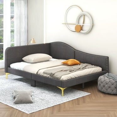 MODERNLUXE Full Size Upholstered Daybed with Headboard and Armrest, Grey