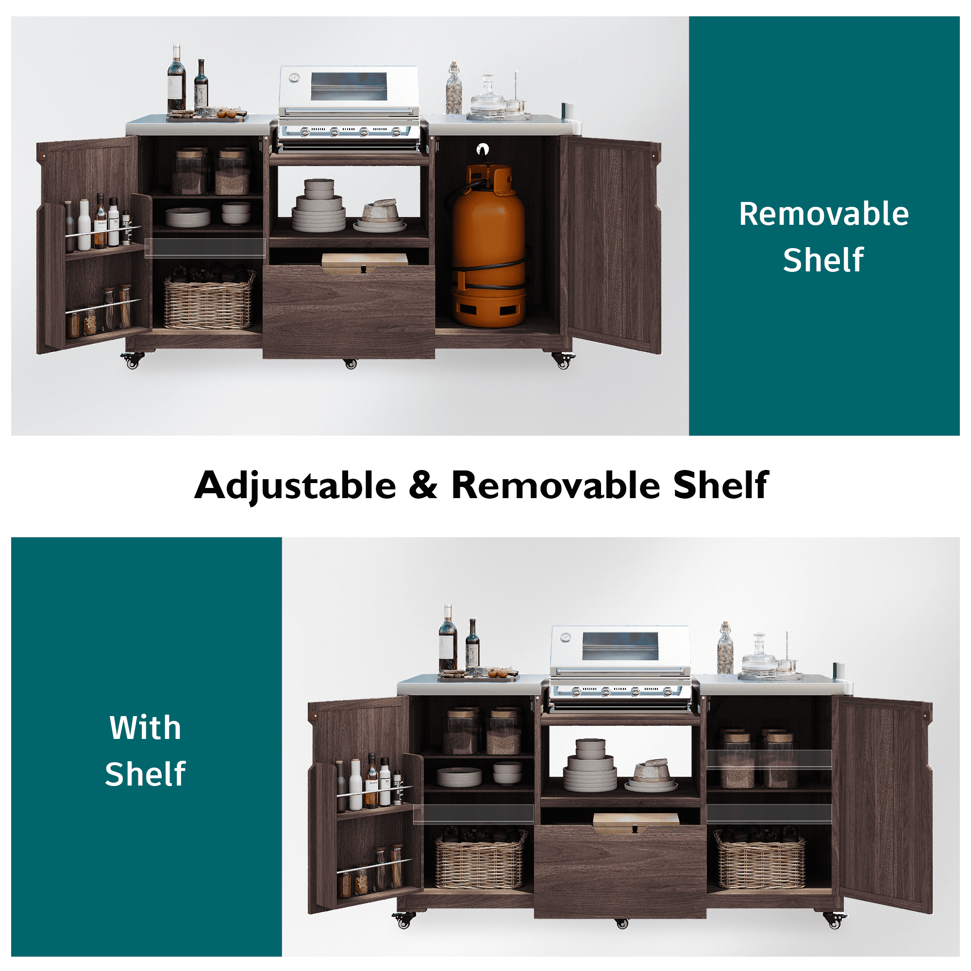 Aukfa 66.5" Outdoor Kitchen Island with Stainless Steel Top, Solid Wood BBQ Grill Cart for Big Green Egg,Dark Brown