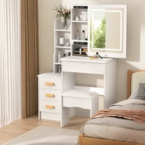 Meoldis Vanity Desk with Lights & Mirror - Makeup Dressing Table with 4 Drawers, 7 Shelves & Hidden Storage, Sliding LED Mirror for Bedroom (White, 31.5" Compact Design)