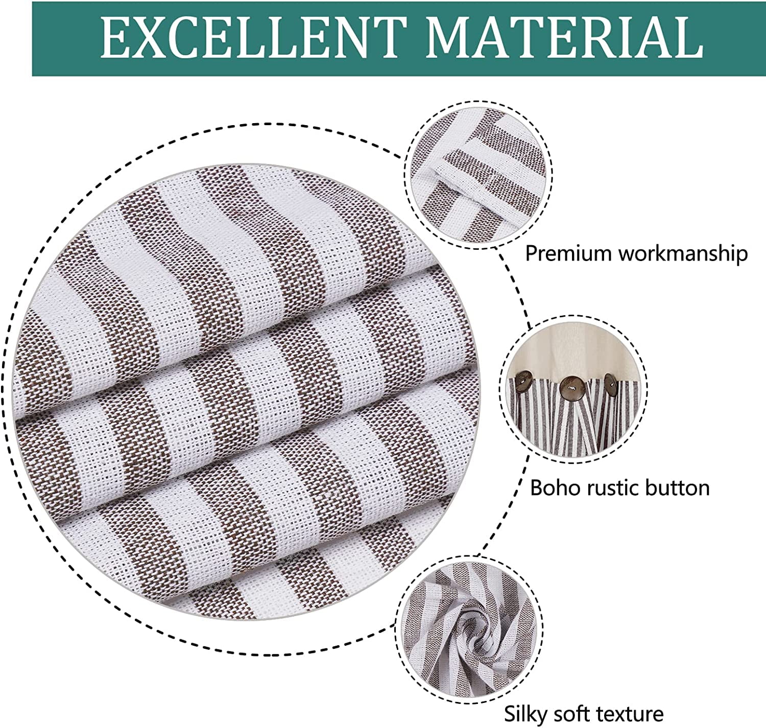 Alishomtll Farmhouse Curtains Natural Brown Stripe Cotton Linen Button Boho Rustic Rod Pocket Back Tab Window Drapes for Living Room ,52 x 84 Inch, 2 Panels