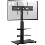 Rfiver Swivel Floor TV Stand with Mount, Wood Base and 2 Flexible Media Shelves for 32 37 42 43 47 50 55 60 65 Inch Flat Screens/Curved TVs, Height Adjustable Corner TV Stand for B