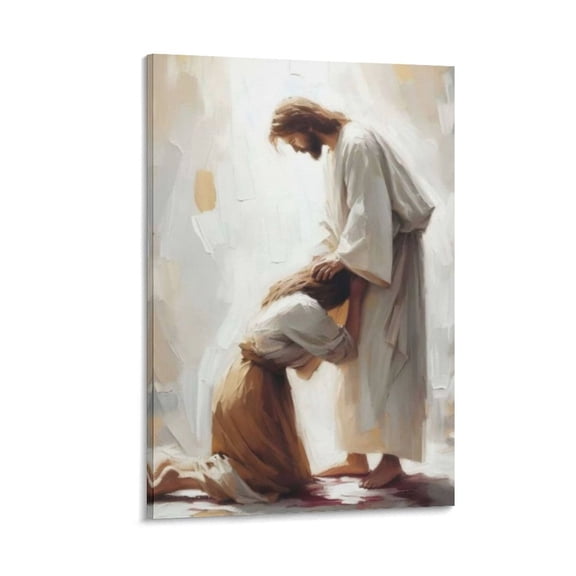Jesus And Woman Wall Art Decor Savior Jesus Healing Bleeding Woman Bible Canvas Painting Wall Art Poster Scroll Canvas Painting Picture Living Room Decor Home 12x18inch(30x45cm)