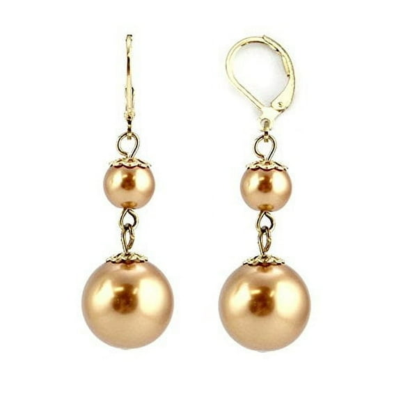 Elegant Glass Pearl Double Drop Dangle Earrings - Gold Tone Lever Back Jewelry Gold