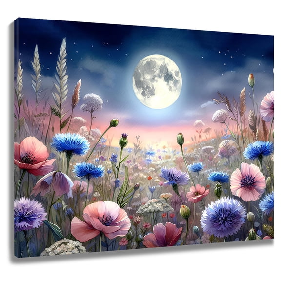 HVEST Moon Wildflower Wall Art Pink Blue Floral Botanical Canvas Wall Art Rustic Flower Plant Framed Wall Decor for Living Room Bedroom Home, 10 X 8 inches