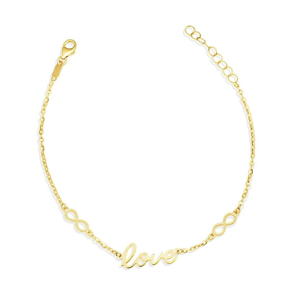 14K Yellow Gold Infinity Love Script Charm Bracelet