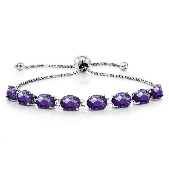 Gem Stone King 925 Sterling Silver Purple Amethyst Tennis Bracelet for Women (6.00 Cttw, Gemstone February Birthstone, Oval Checkerboard 7X5MM, Fully Adjustable up to 9 inch)