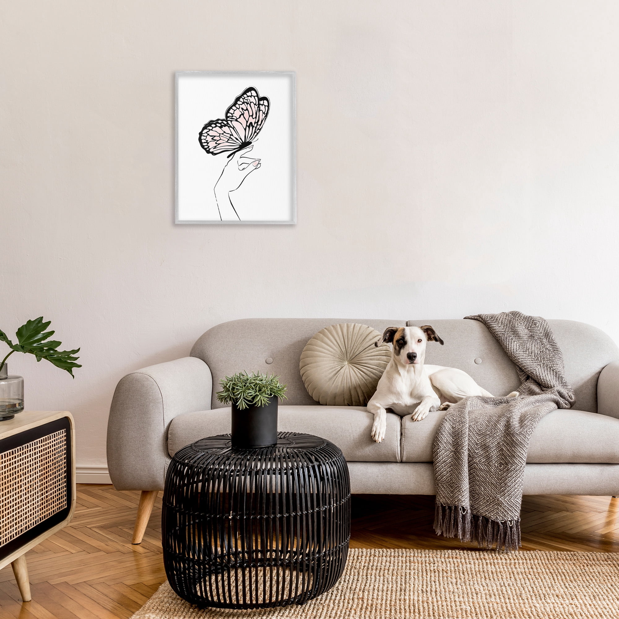 Stupell Industries Minimal Hand & Butterfly Animals & Insects Painting Gray Framed Art Print Wall Art, 24 x 30