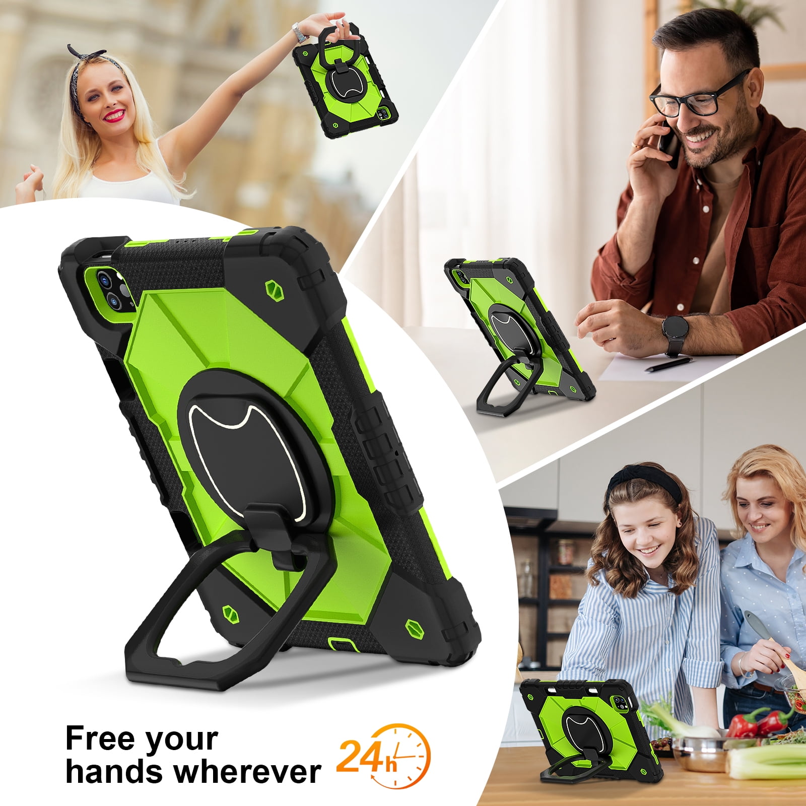Dteck with Pencil Holder Case for iPad Pro 11-inch 4th 3rd 2nd 1st Gen,iPad Air 5th/4th Generation Heavy Duty Silicone Case 360 Degree Rotating Handle Stand Cover with Shoulder Strap,Black+Green