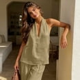 thumbnail image 6 of Plain Lightweight Halter Sleeveless Tank Tops For Women Relaxed Fit Breathable V Neck Linen Shirts Vacation Daily Wear Khaki S, 6 of 7