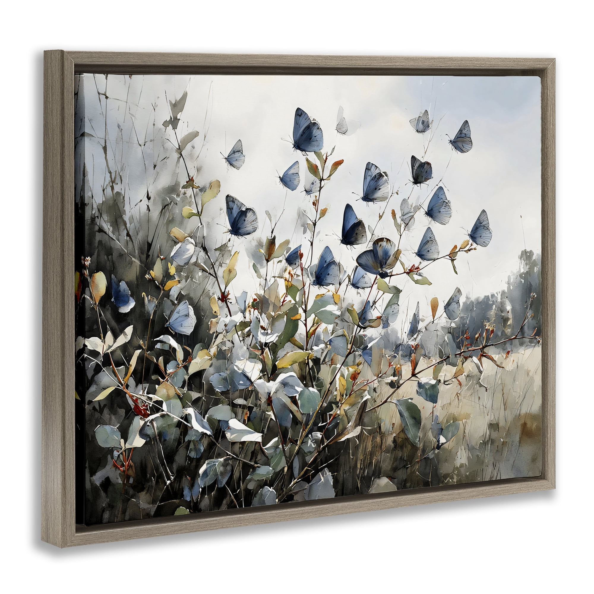 Stupell Industries Blue Butterflies Among Meadow Leaves Brown Framed Floater Canvas Wall Art, design by Franklyn Gregory