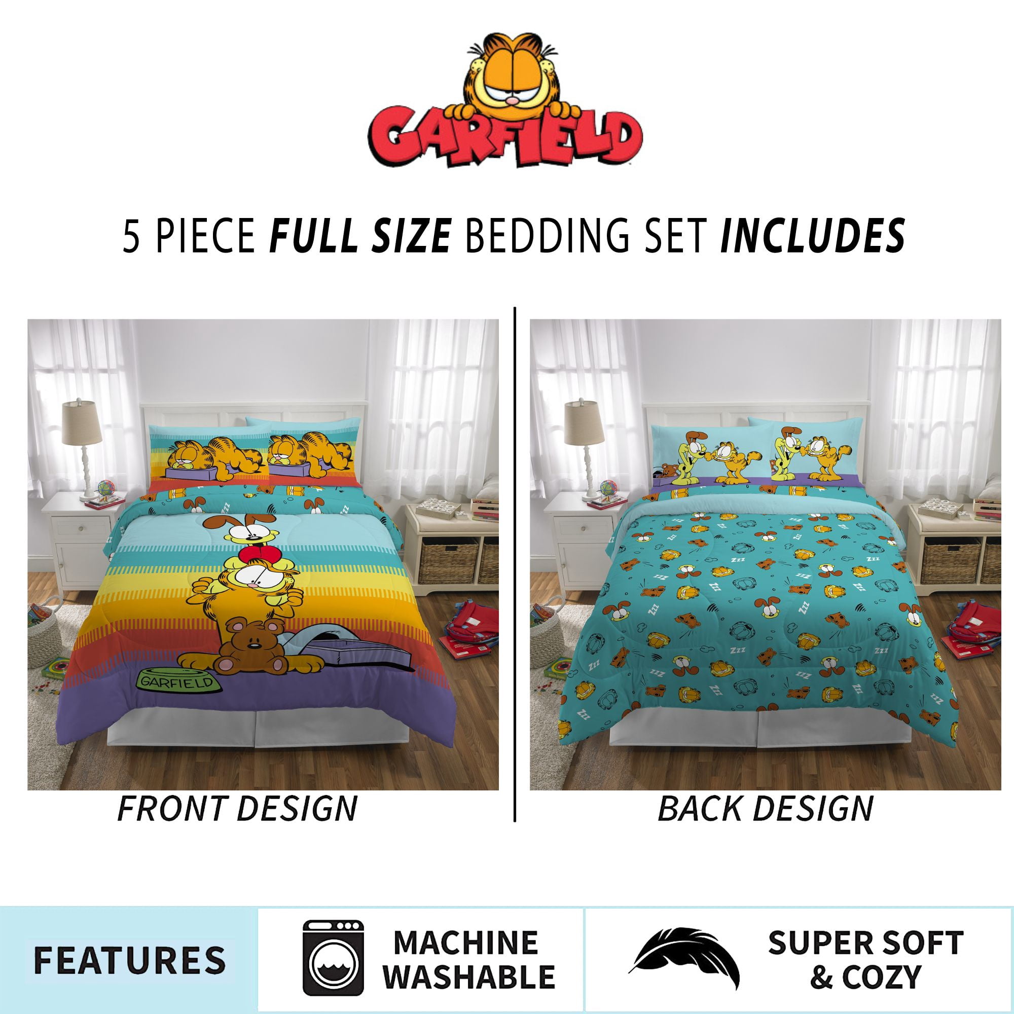Garfield Kids 5 Piece Teal Blue Orange Reversible Comforter, Bed in a Bag, Full