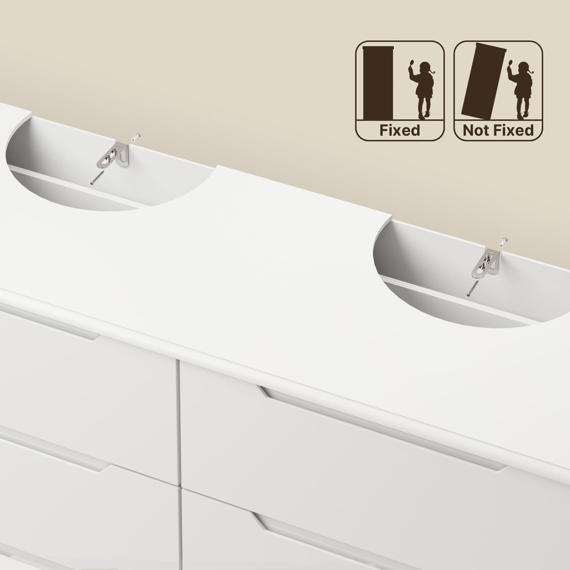 Dresser for Bedroom, Lofka 6 Drawer Double Dresser with Cutout Handles, Large Storage Capacity, Anti-Tip Safety, Modern Wood Chest of Drawers, Smooth Metal Rail, White