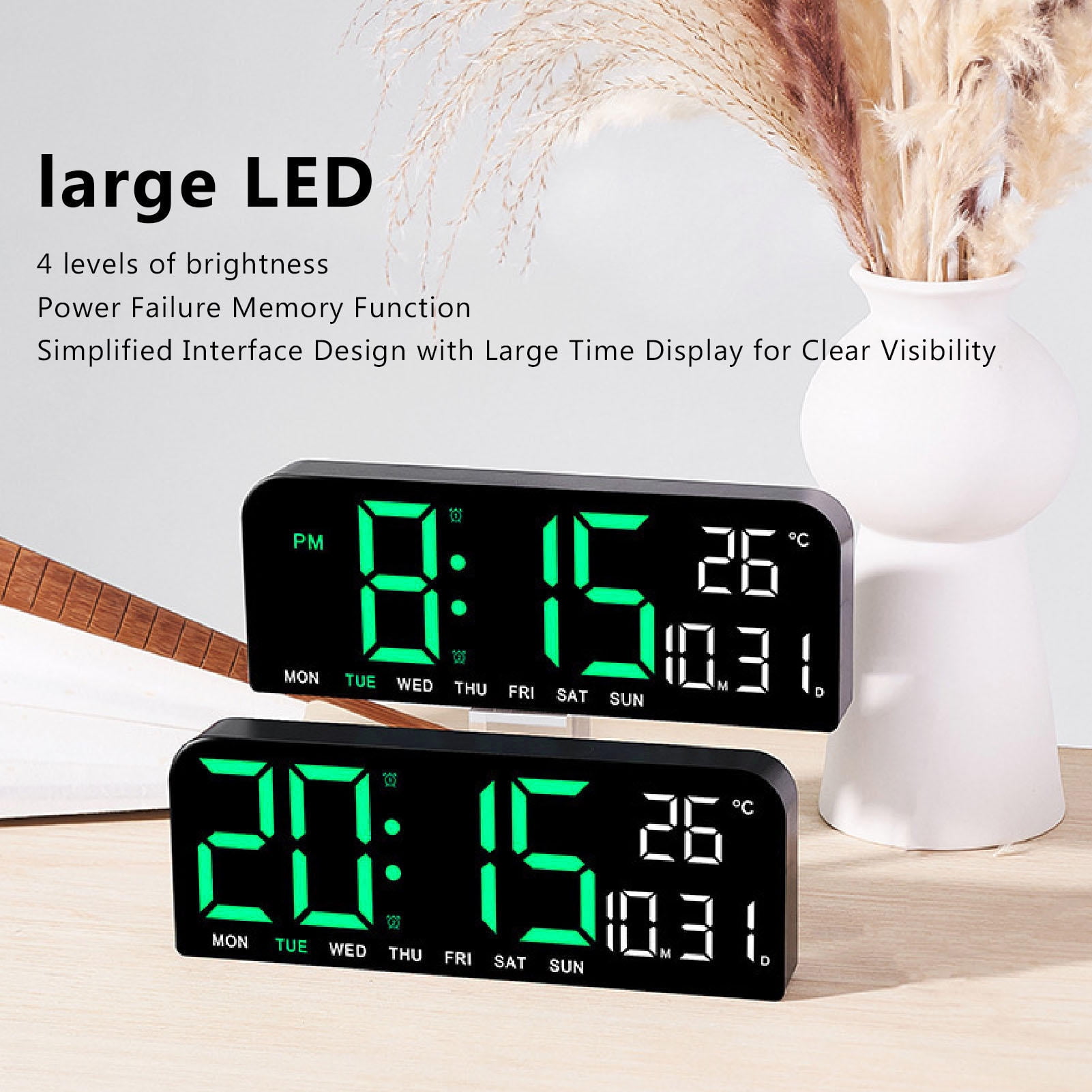 BIMZUC Large LED Digital Alarm Clock – 12/24H, °C/°F, Dual Alarms, Adjustable Brightness, Temperature, Date & Week Display, USB/Battery Powered, Wall/Desk Mount