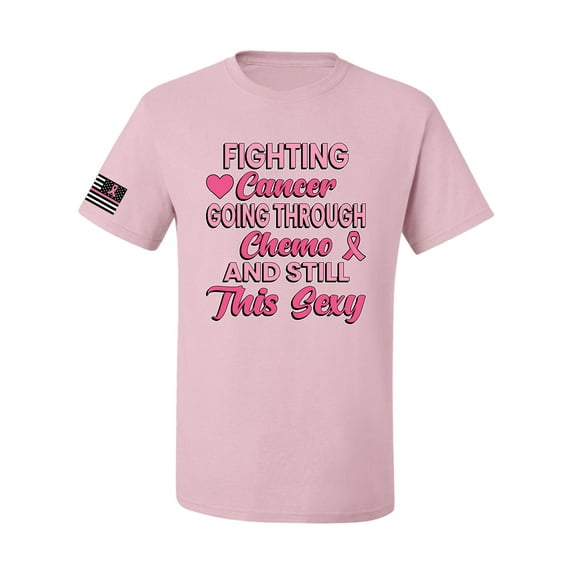 Wild Bobby, Fighting Cancer And Still Sexy USA Flag Sleeve Breast Cancer Awareness Unisex Tee, Light Pink, Small