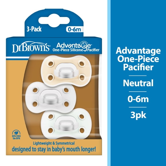 Dr. Brown's Advantage One-Piece Silicone Baby Pacifier, Fully Symmetrical, Neutral, 0-6M, 3 Pack