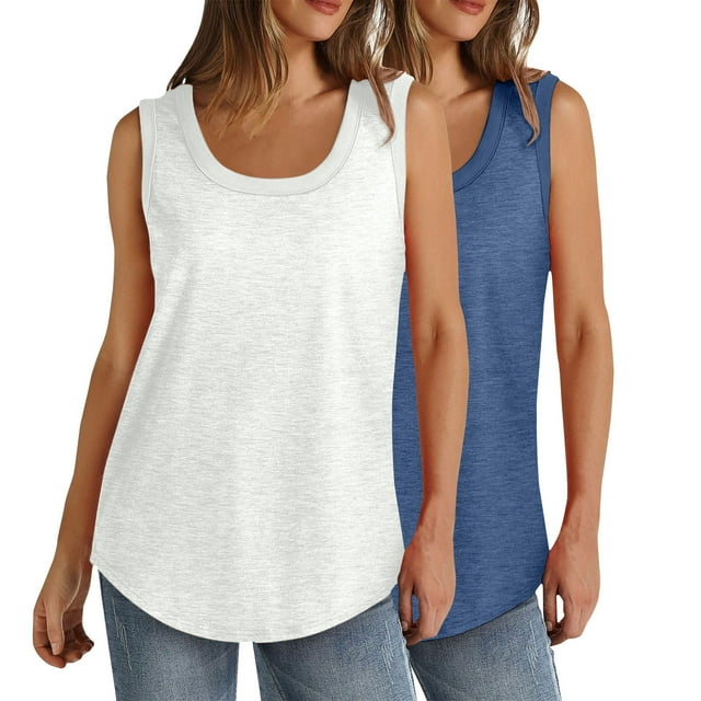 Timegard 2pc Plus Size Tank Tops for Women Round Neck Sleeveless Basic Tshirts Casual Loose Comfy Tops