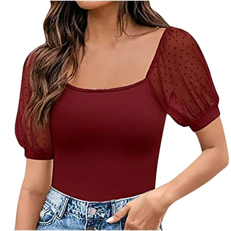 

Corset Tops for Women Mesh Short Sleeve Plain Cute Shirts Tops Square Neck Knit Ribbed Slim Fit Tunic Tees Blouses