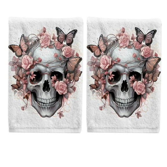 Ryvnso Skull and Butterfly Flowers Hand Towels Set for Bathroom Cotton Face Towel Decorative 15.5x29.5 inch