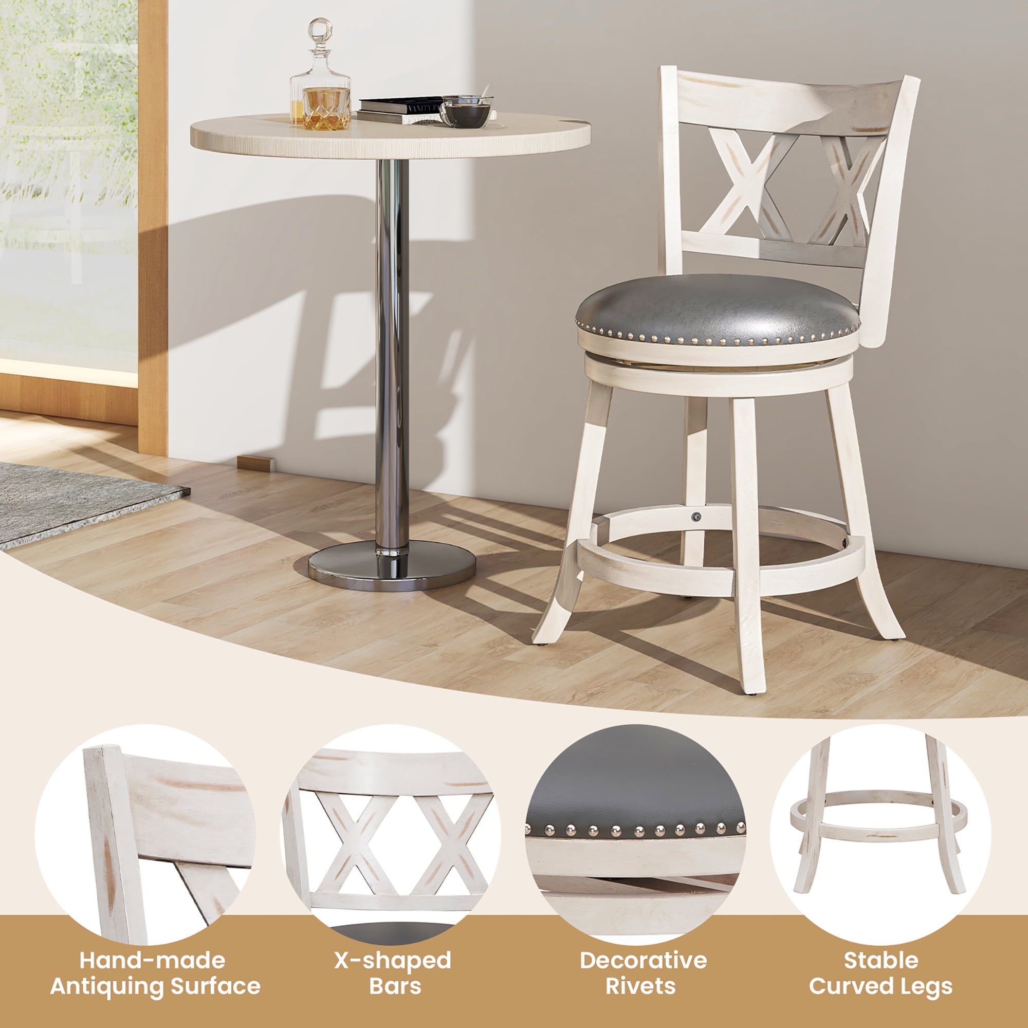 Gymax 25.5'' Swivel Bar Stools Set of 4 Solid Wood Stools w/ X-shaped Backrests Antique White & Gray