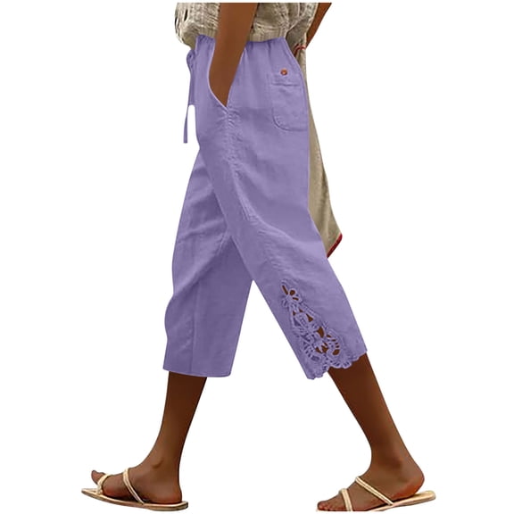 Womens Cotton Linen Capri Pants Casual Drawstring Elastic High Waist Trousers Lace Trim Summer Pants with Pockets