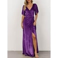 thumbnail image 3 of Robe Maxi en Velours à Col en V pour Femmes Manches Cloche Fendue Robe de Demoiselle d'Honneur Cocktail, 3 of 6