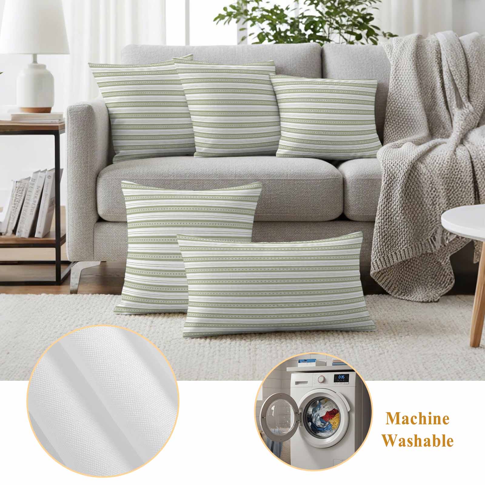 Boho Sage Green Stripe Outdoor Waterproof Pillow Covers, Abstract Geometric White Minimalist Decorative Square Throw Pillowcase Sofa Cushion Sham for Patio/Couch/Chair, 20"x20" 2 Pack