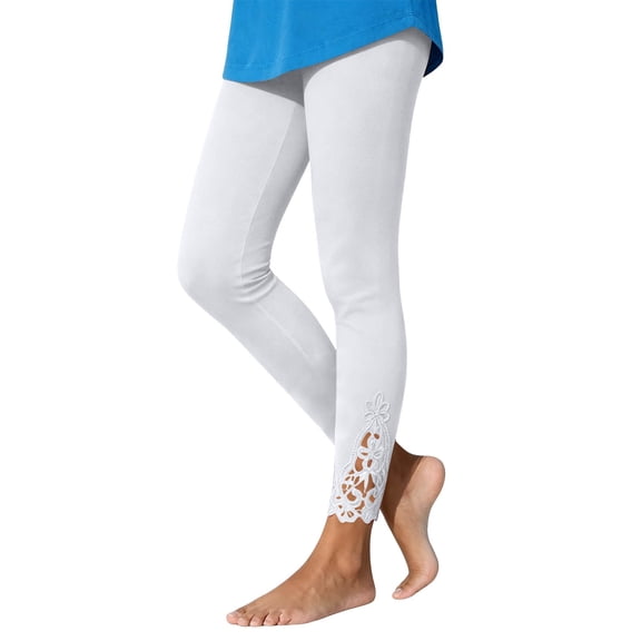 Annhoo Yoga Pants for Women Solid Color Lace Trim High Waist Stretchy Slim Leggings Soft Workout Casual Bottoms