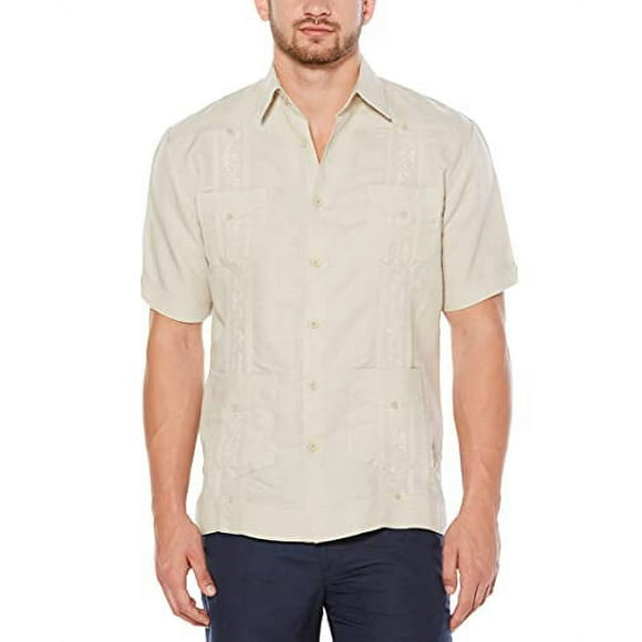 Cubavera Men's Short Sleeve Embroidered Guayabera, Beige, X-Large