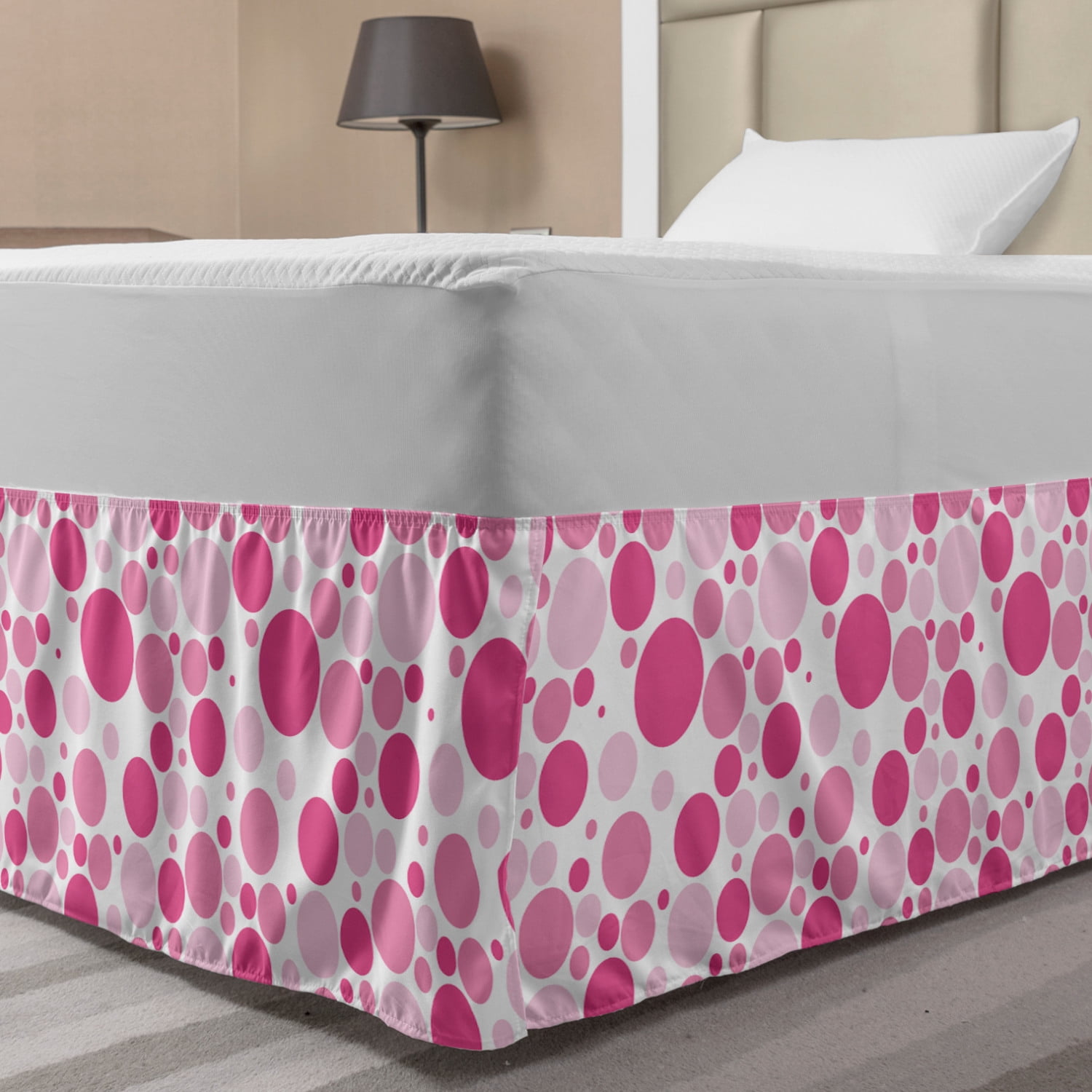 Pink Polka Dots Bed Skirt, Monotone Print of Circles in Different Sizes