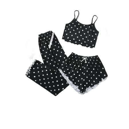 

3pcs Set Cute Polka Dot Cami Short Sets Sleeveless Black Women s Pajama Sets (Women s)
