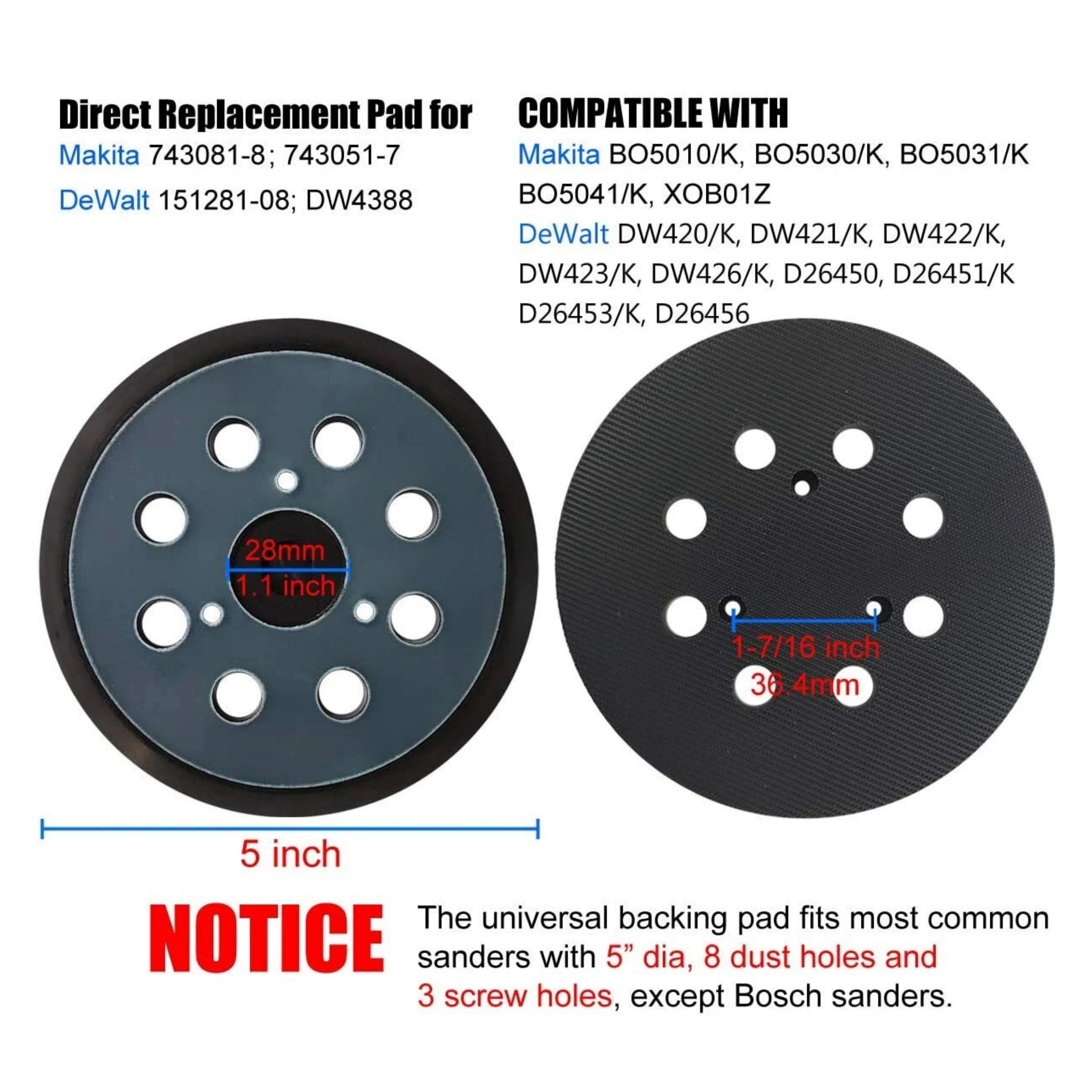 4 Pack 5 inch Orbital Sander Pad Hook Loop for Dewalt/Makita/Porter Cable