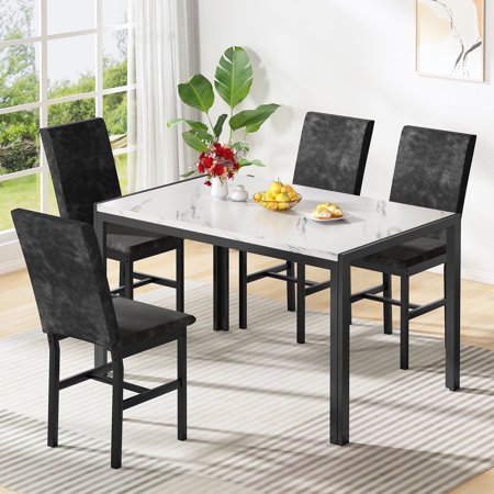 Baxluxe Marble Dining Table Set for 4 Faux Marble Kitchen Table and Chairs Set Rectangular Dining Table with 4 Velvet Upholstered Dining Chairs Kitchen Table Set for Home Cafe Black