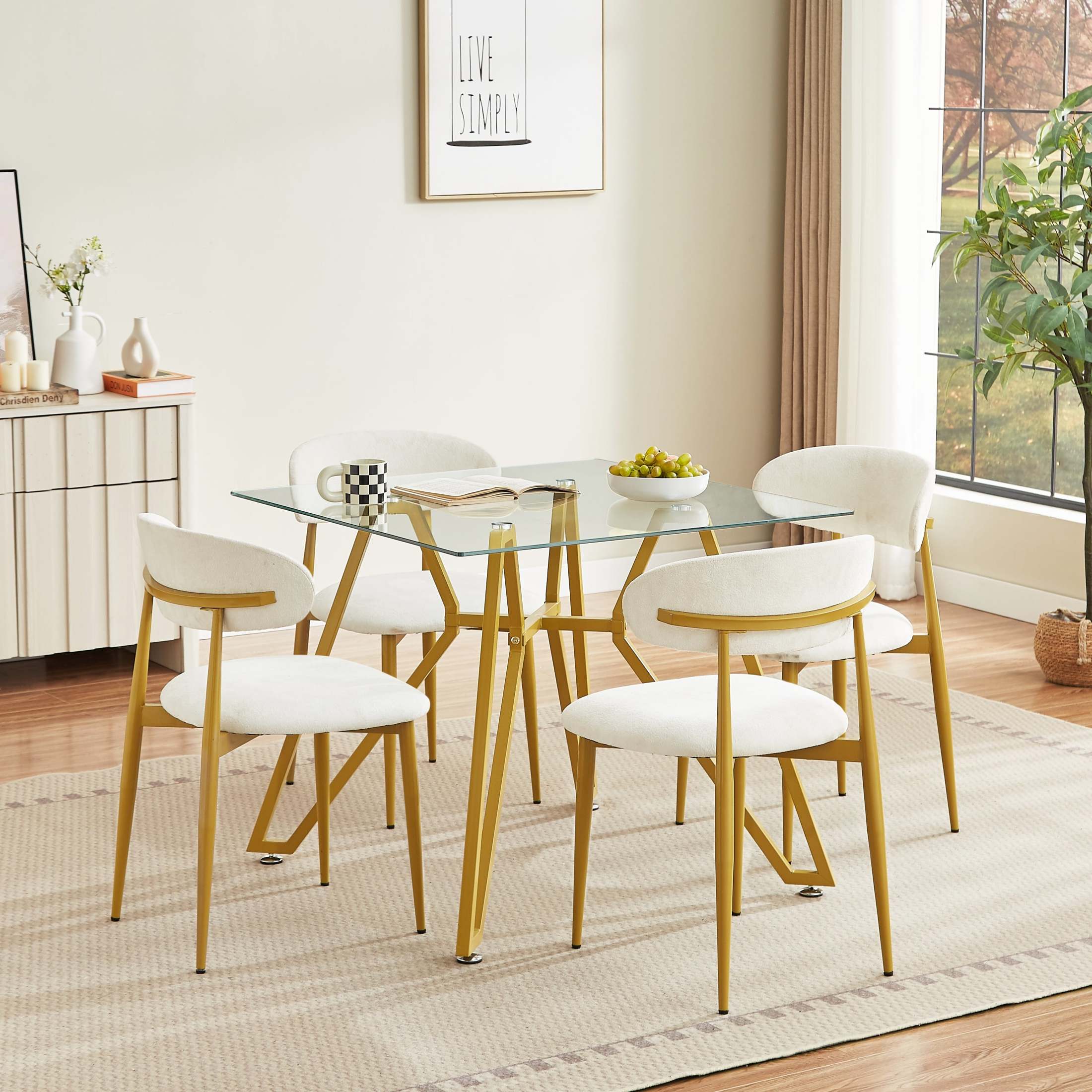 Noble House 35.4" Square Dining Table, Small Modern Kitchen Table with Tempered Glas, Dining Room Furniture, Gold