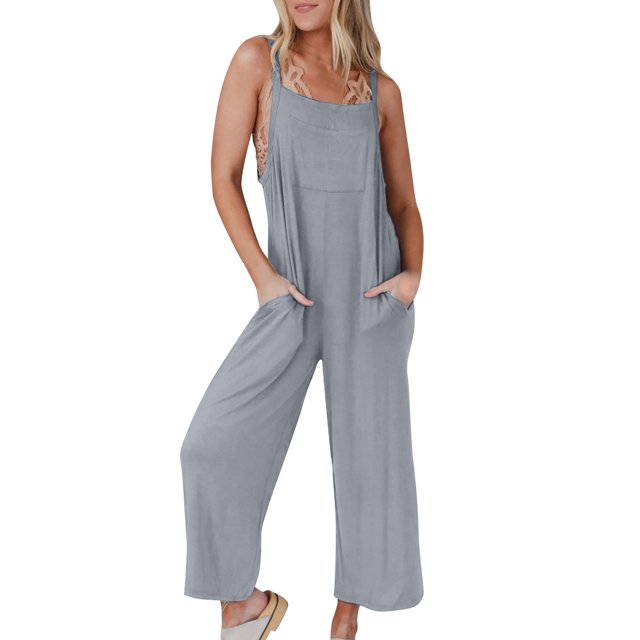Gibobby pantalones siameses color liso Mono informal de verano para mujer, sin mangas, holgado, de Color sólido, con correa a la moda, mono holgado para mujer(Gris, XL)