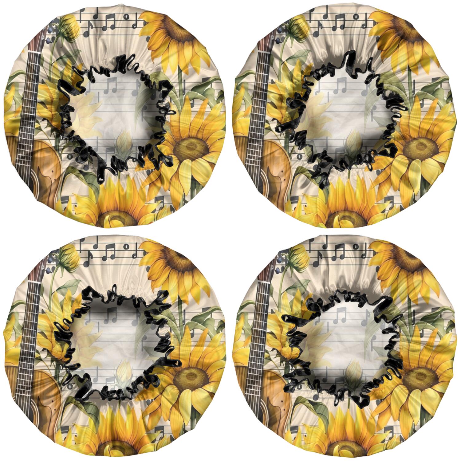 Shower Caps,Beige Music Sunflower Guitar Pattern Waterproof Shower Cap for Women 4 Pieces,Double Reusable Hair Cover for Shower PEVA Elastic Stretch Hem