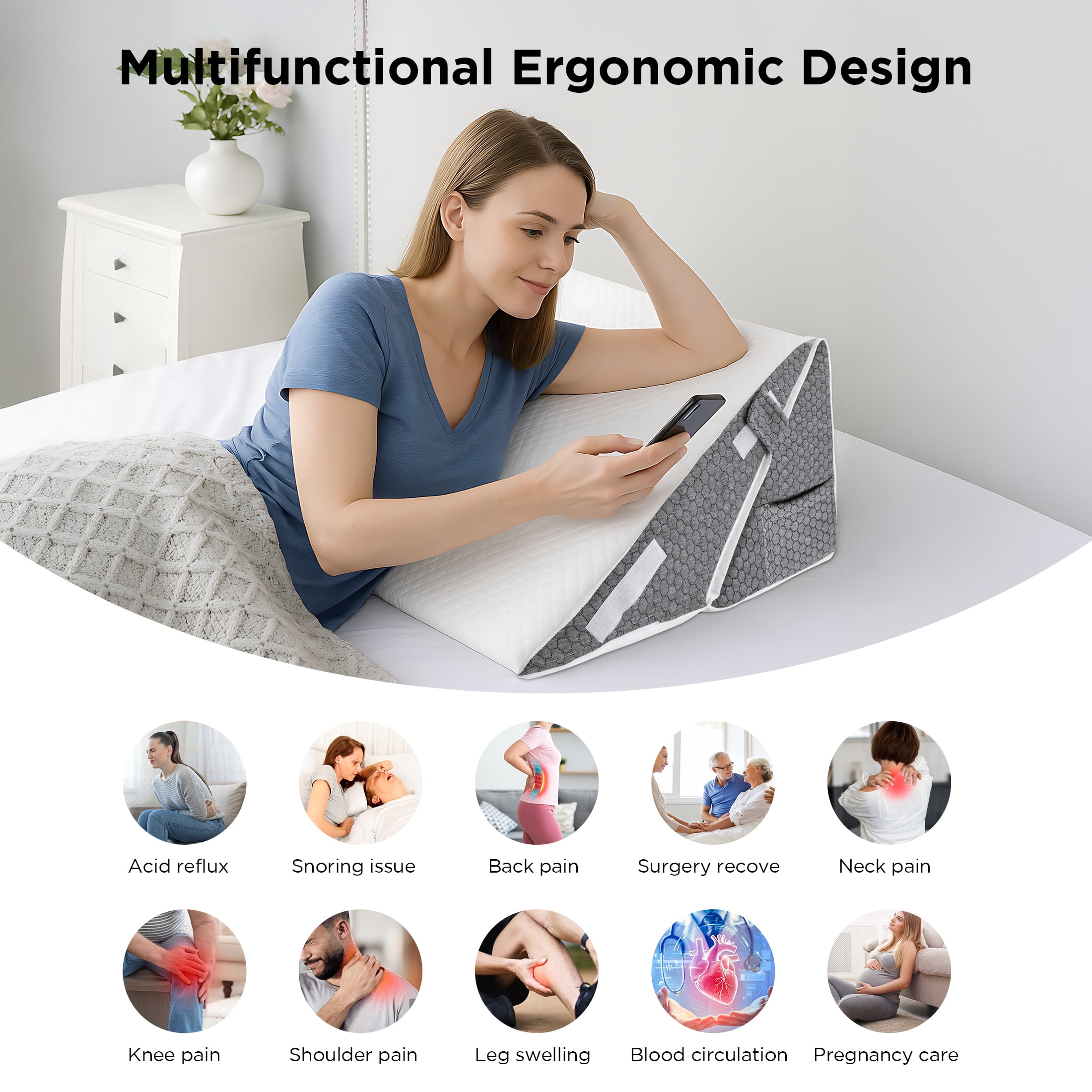 Grnoedn Wedge Pillow for Sleeping,Orthopedic Adjustable Memory Foam Bed Wedge Pillows Set for Acid Reflux,Leg Back Pain Relief & Reading Rest,Headboard with Neck Support & Gray Removable Pillowcase