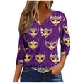 thumbnail image 2 of UPPADA Femmes T-Shirts à Manches 3/4 Mardi Gras Yall T-Shirts à Imprimé Floral Col Ras du Cou Blouse à devant Plissé Hauts d'Été Décontractés Chandail à Enfiler Haut Mode Fête Défilé Hauts Hauts à Manches 3/4 pour Femmes Liquidation, 2 of 5