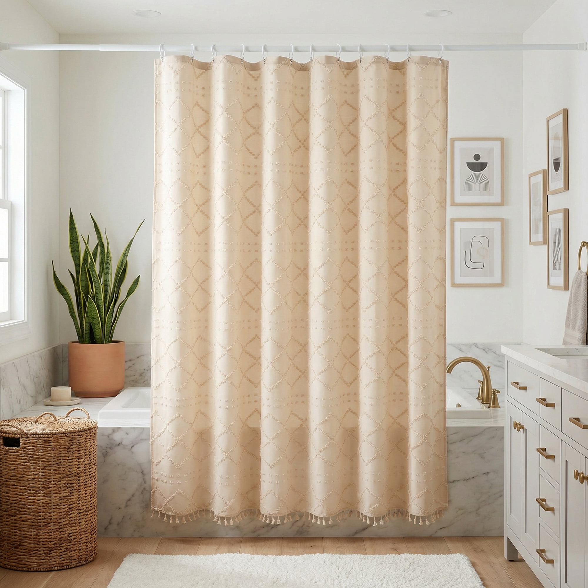 Unique Bargains 3D Geometric Texture Bath Curtain Sets with Hooks Beige 72"W x 72"L