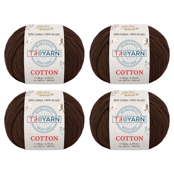 Troyarn Cotton (4- Skeins Pack) 60% Cotton 40% Acrylic Yarn, Soft, Fine/Sport (2) for Crochet and Knitting 1.76 Oz (50g) / 180 Yds (165m) (10336 - Brown)