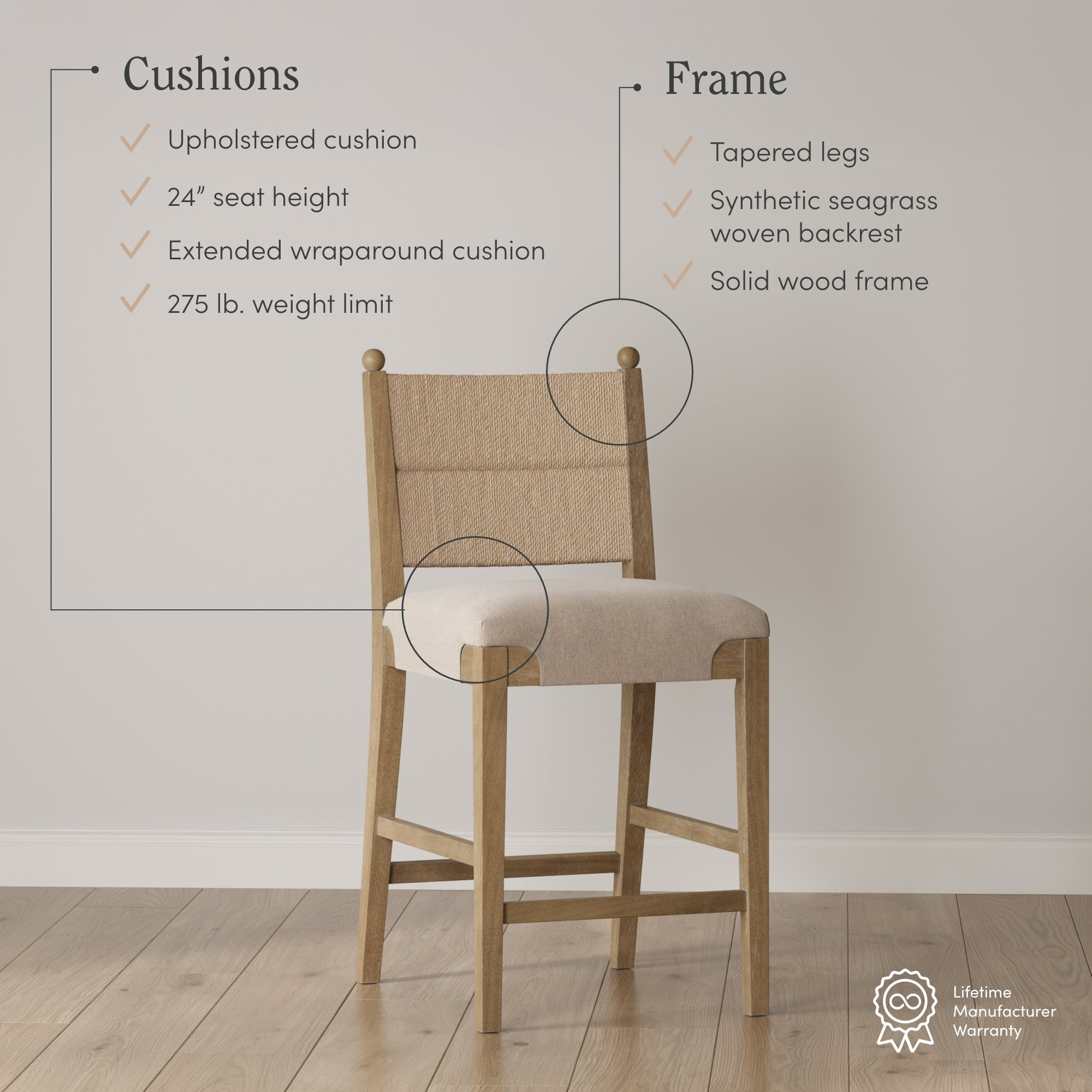 Nathan James Cove Seagrass Counter Stool Wood Upholstered Bar Stool with Natural Flax Cushion and Seagrass Backrest, Light Brown, Set of 2