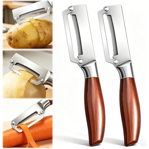 2PCS Multi-Functional Vegetable Peeler for Kitchen with Wooden Handle, Stainless Steel Vegetable Peeler, Stainless Steel Blade Kitchen Tool for Potato Fruit Pineapple Pumpkin Carrot Veggie Peeler