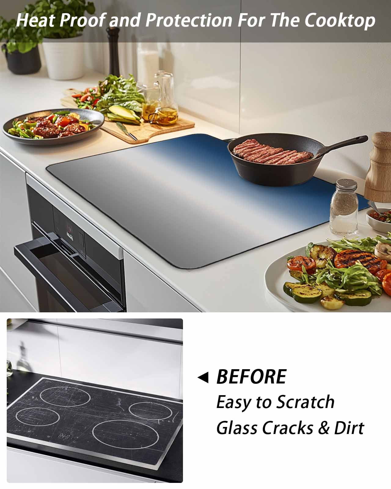Stove Top Covers for Electric Stove, Navy Blue Gray Ombre Glass Stovetop Cover Protector, Modern Gradient Abstract Art Induction Cooktop Protector Oven Mat for Kitchen Countertop 31"x24"
