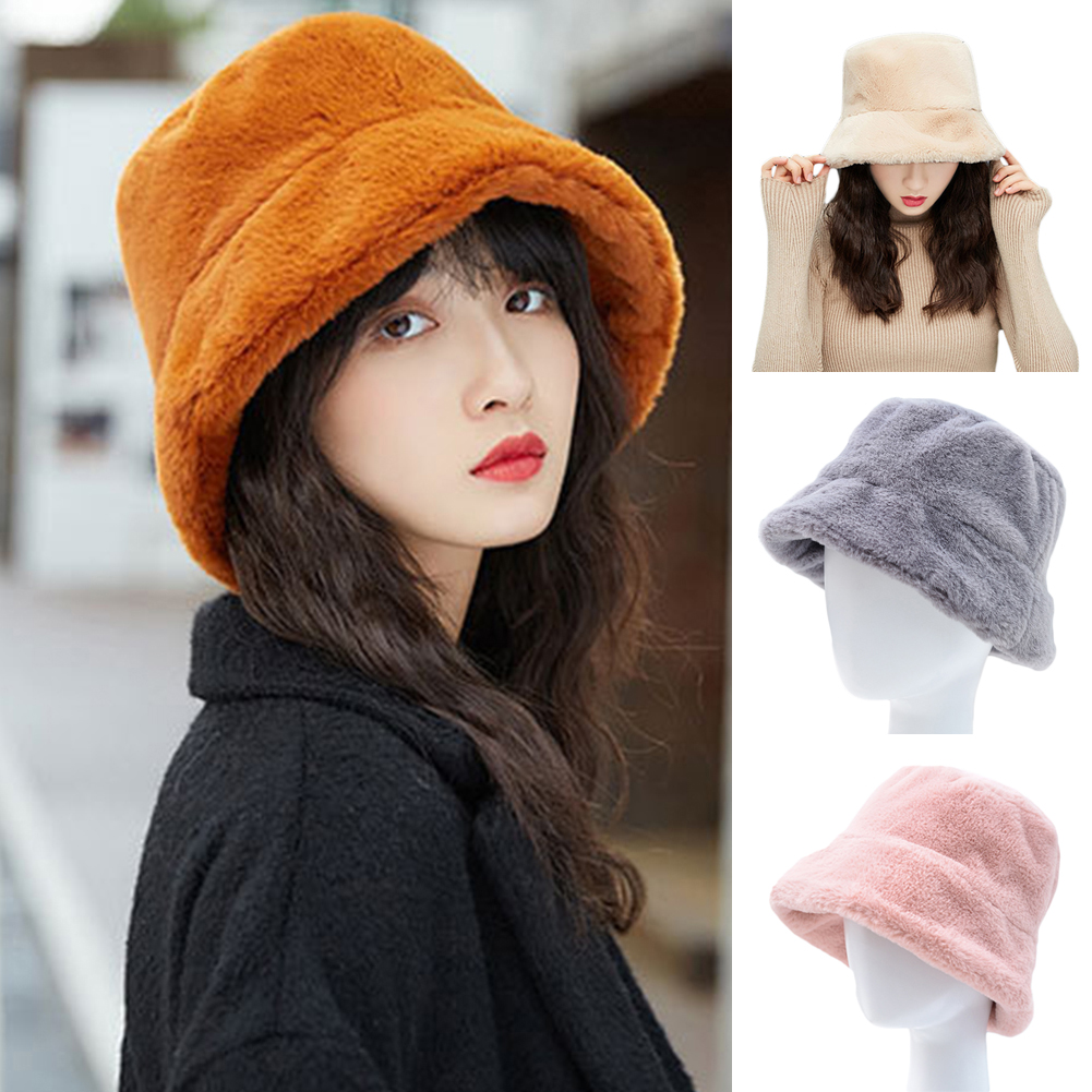 Dengjunhu Women Winter Bucket Hat Vintage Cloche Hats Warm Faux Plush Wool Outdoor Fisherman Cap