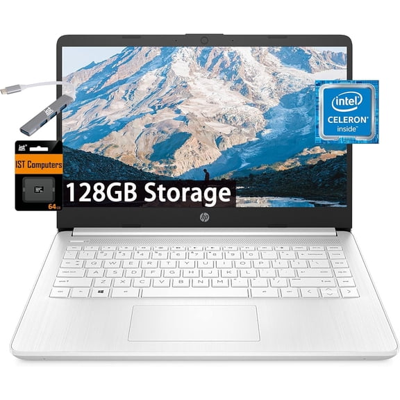 HP 14" Ultra Light Laptop for Student & Home (Intel Quad-Core N4120, 4GB RAM, 128GB (64GB 64GB SD), 1-Year Office 365) 11-Hr Long Battery Life, IST HUB, Webcam, Win 11 Home in S Mode, Snow White