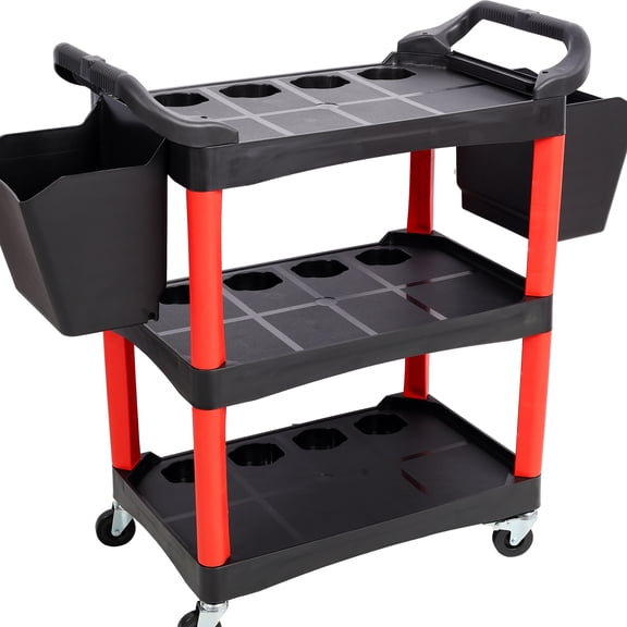 Red & Black 3-Tier Rolling Auto Detail Cart with Wheels - Includes 2 Buckets, Storage Tool Cart for Detailers, Garage, Workshop & Repair Shop