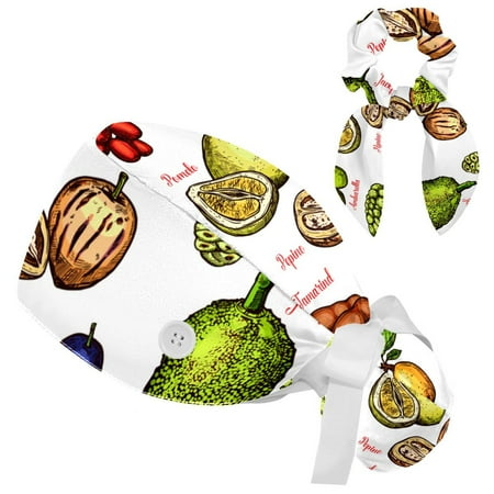 

Working Cap with Buttons and Sweatband Scrub Hat Bouffant Caps with Scrunchie Tropical Fruits Tie Back Hats