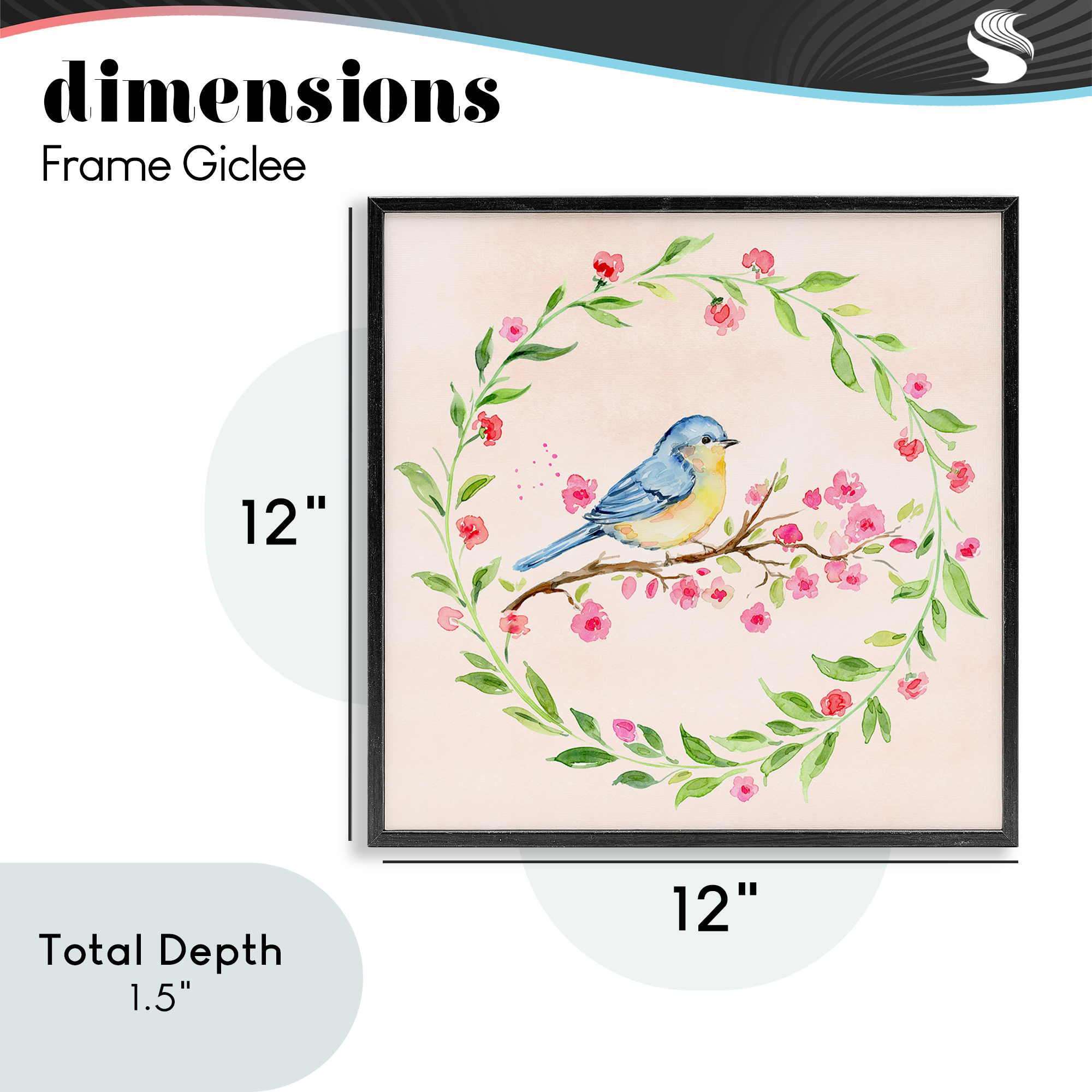 Spring Bird Wreath Perch Black Framed Giclee Art, design by Elena Fay