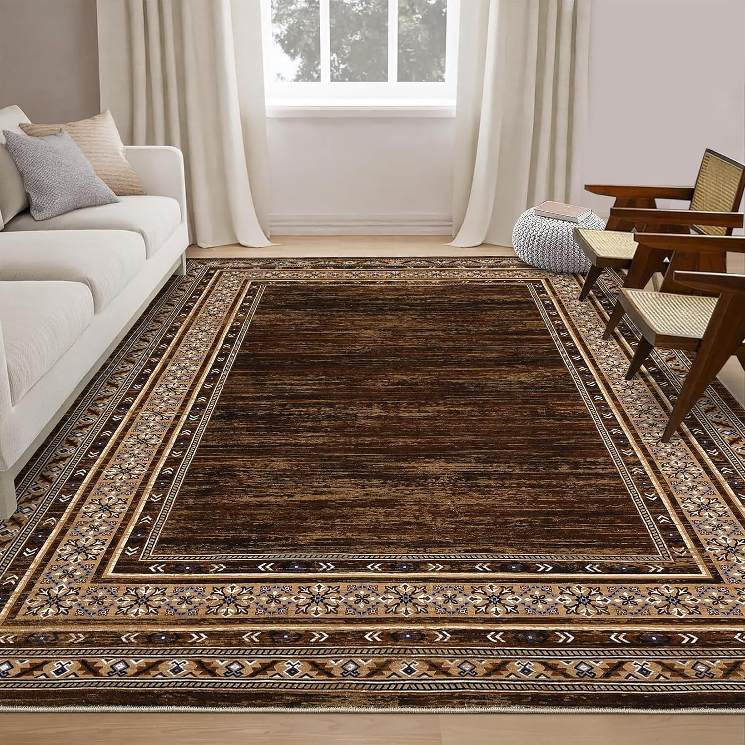 Memoryfield 9'x12' Area Rug, Modern Bordered Washable Rugs Soft Foldable Accent Rugs for Indoor Living Room Bedroom, Red Brown
